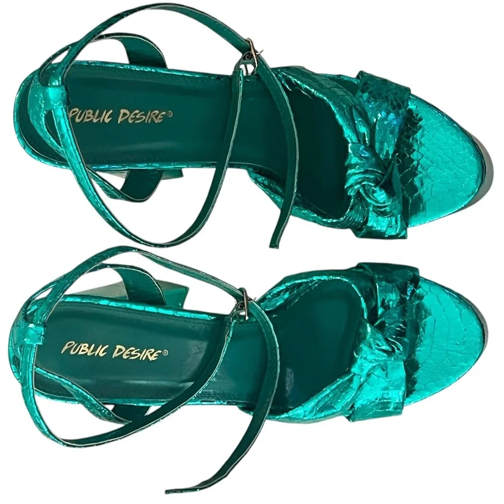 Public Desire x ASOS Leo Metallic Green Platform Heels Strappy Chunky Party Sz 9